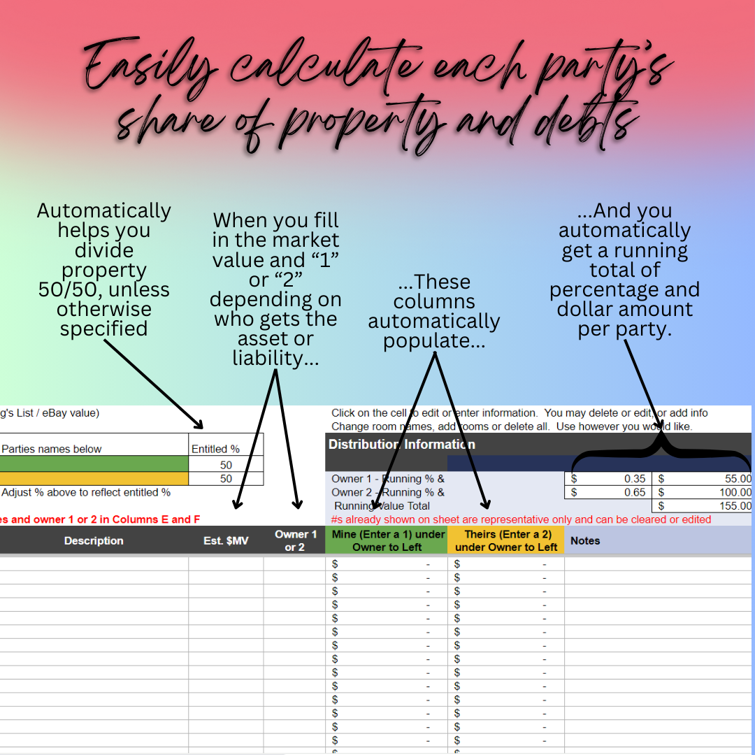 Divorce Asset and Debt Detailed Spreadsheet