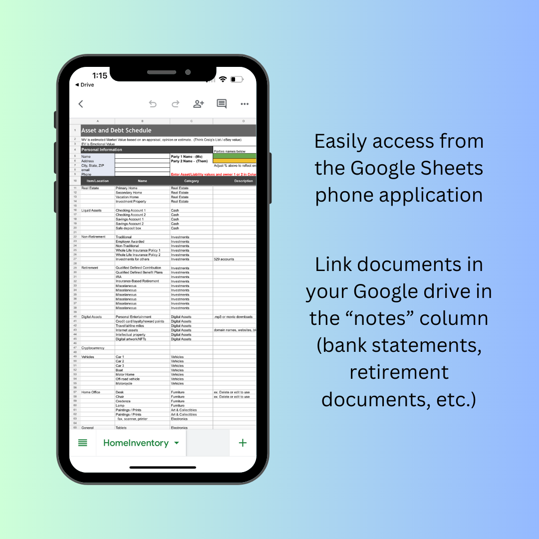 Divorce Asset and Debt Detailed Spreadsheet